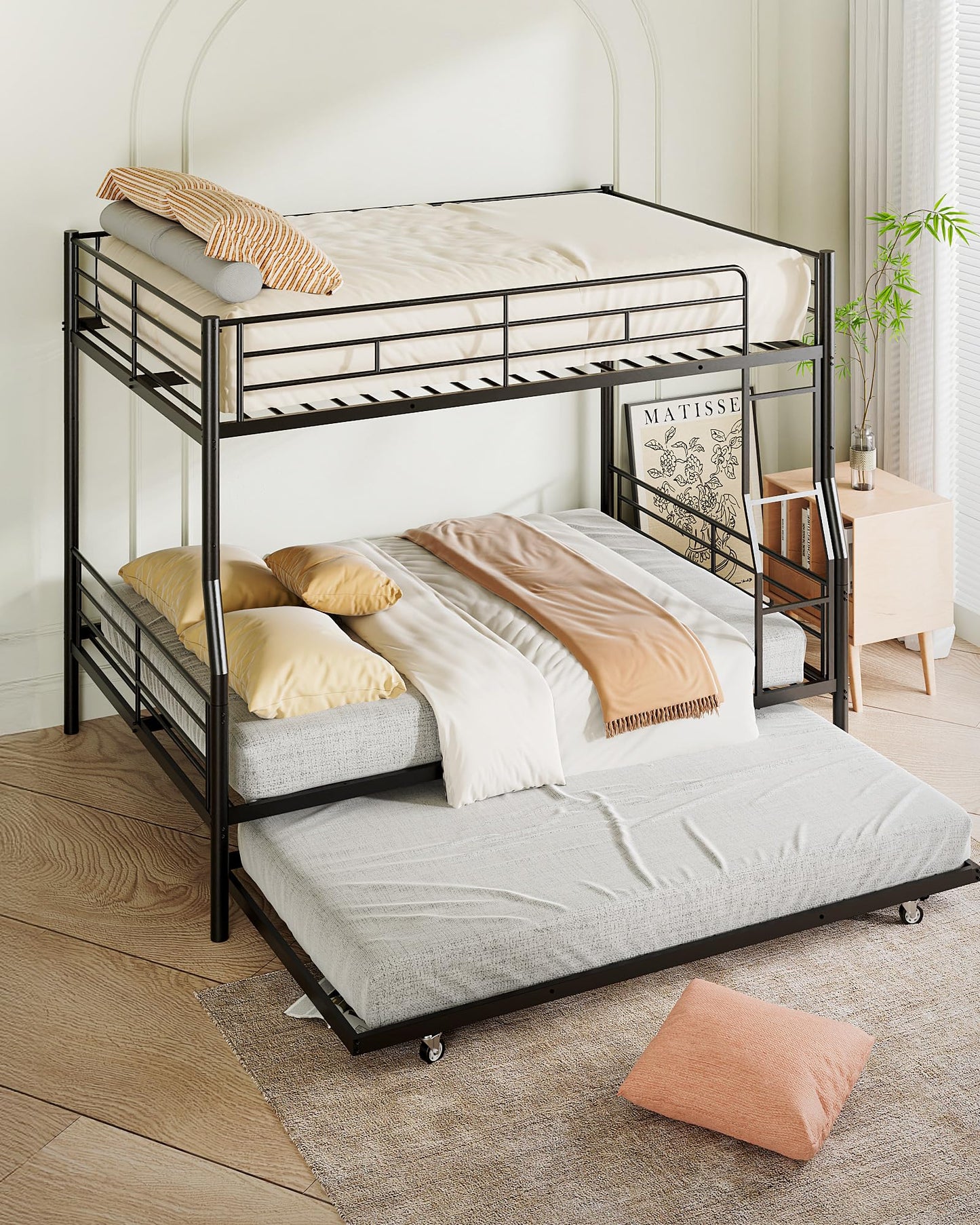 Miscoos Full XL Over Queen Bunk Bed with Trundle, Heavy-Duty Queen Bunk Bed with with Safety Ladder and Full-Length Guardrail, Convertible to 3 Beds for Teens and Adults, Black
