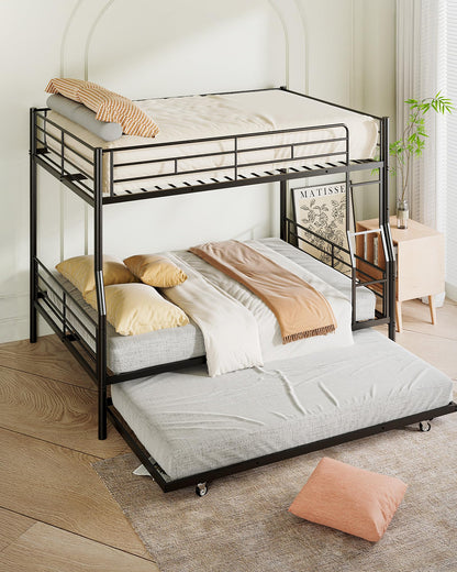 Miscoos Full XL Over Queen Bunk Bed with Trundle, Heavy-Duty Queen Bunk Bed with with Safety Ladder and Full-Length Guardrail, Convertible to 3 Beds for Teens and Adults, Black