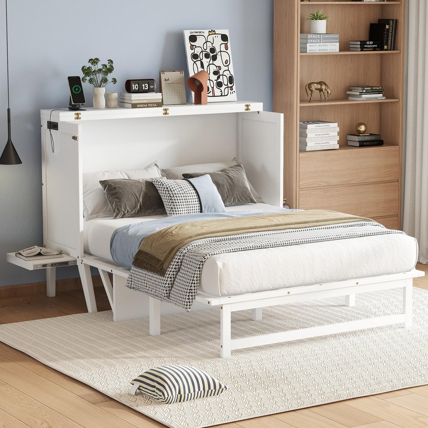 KEIKI Full Size Murphy Bed with USB Port and Removable Shelves on Each Side, Solid Pine Murphy Cabinet Bed for Home Office, Guest Room,White