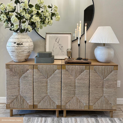 Nathan James Beacon Accent Natural Sideboard Storage Cabinet TV Stand in Light Wood with Adjustable Interior Shelf and Seagrass Doors, for Hallway, Entryway or Dining Room, Light Brown, Set of 2