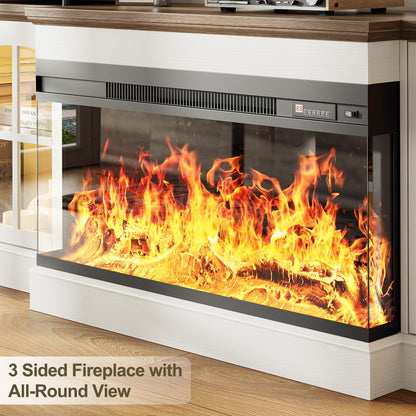 OneBlis 98" Farmhouse TV Stand with 36" Electric Fireplace, Bookshelves, Fits 75" TVs, Entertainment Center with Storage Cabinet, Large Wall Unit Media Console for Living Room, White