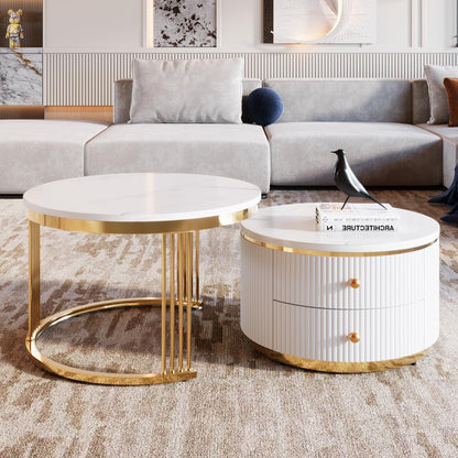 Merax 27.6'' Round Nesting Coffee Table, Modern with 2 Large Drawers Storage, Gold Finish End Tables for Living Room Apartment, Gold+White