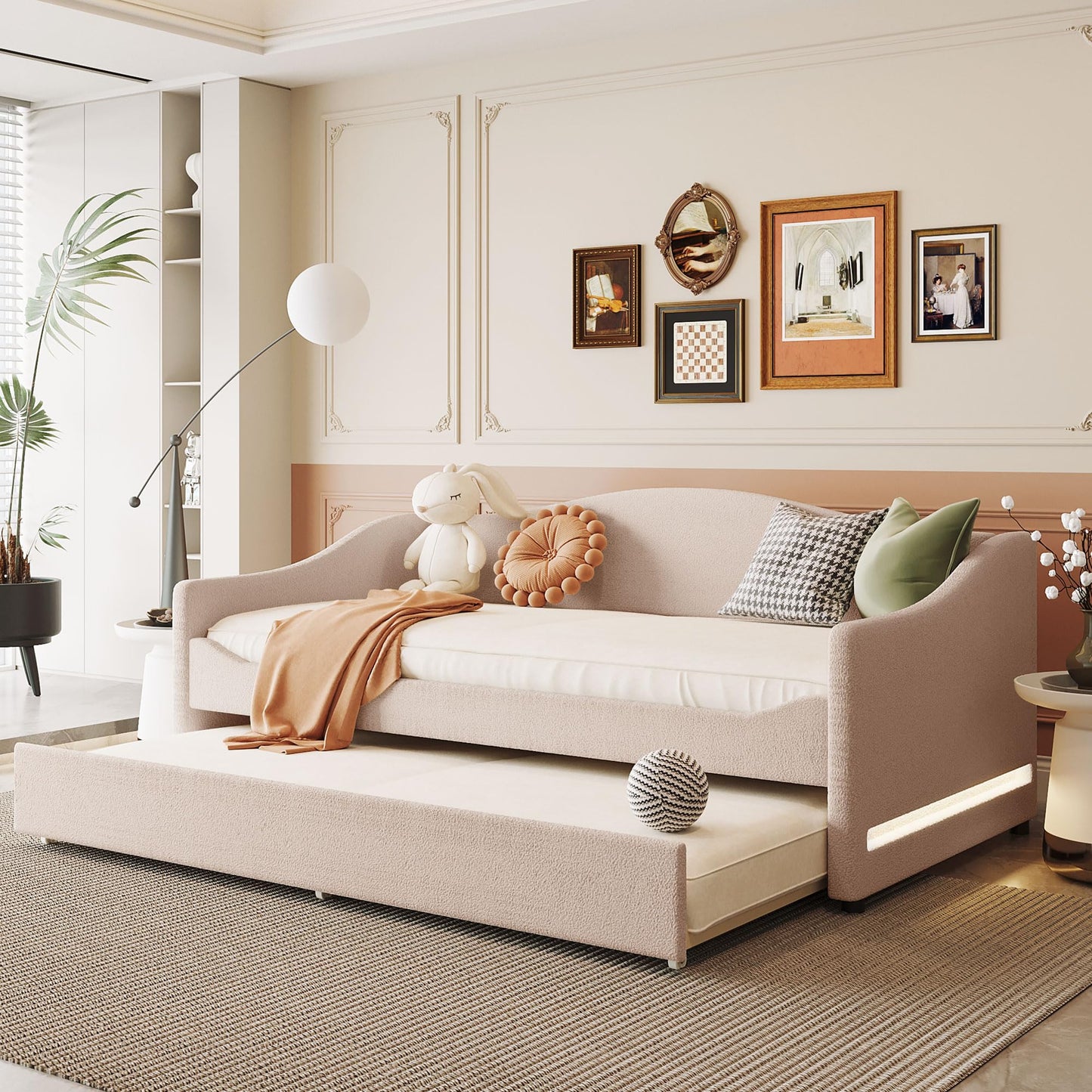 Merax Twin Size Upholstered Daybed with Light and Trundle, Beige Teddy Fleece Sofa Bed Modern Wooden Platform Bed Frame for Bedroom, Living Room, Guest Room, Apartment