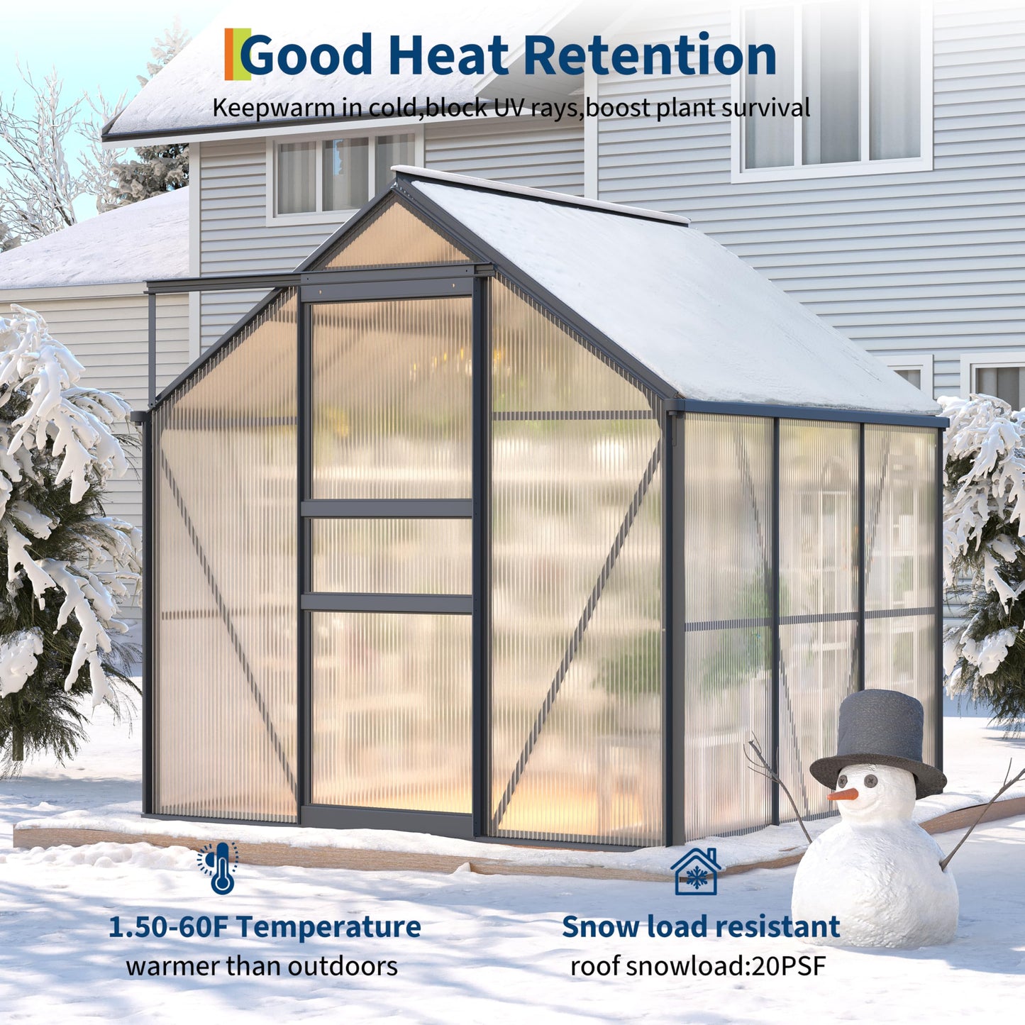 Garvee 6x6 Ft Polycarbonate Greenhouse - Free-Standing Greenhouse for Outdoors with Rust-Resistant Aluminum Frame, Gutter System & Roof Vent, Ideal for Seed Starting & All-Season Plant Protection