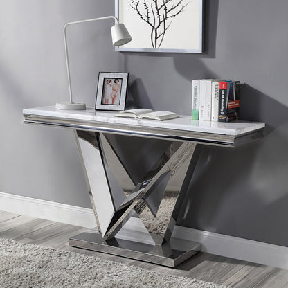 Furniture of America Namai 25mm Faux Marble Top Rectangle Sofa Table with Metal Construction and V-Style Pedestal, Home Décor for Living Room, Entryway, Hallway, Office, Corridor, Chrome