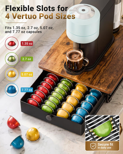 EVERIE Coffee Pod Holder Drawer, Compatible with Nespresso Vertuo Capsules, Holds 40 Large or 52 Small Pods, Flexible Slots for 4 Capsule Sizes, Rustic Brown Countertop Organizer, 15.6" Dx13 Wx3.7 H
