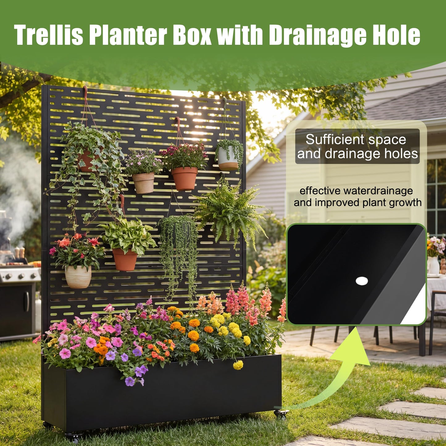 KEIKI 73"x47"x16" Planter Trellis Box with Wheels, Drainage Holes, Outdoor Resin Raised Garden Bed for Climbing Plants, Large Weather-Resistant Design, Black