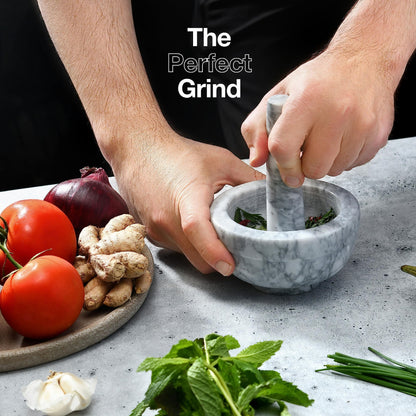 Sagler Mortar and Pestle Set - Small Grinding Bowl Container for Guacamole, Spices, Salsa, Pesto, Herbs - Best Mortar and Pestle Spice and Pills Crusher Set, Holds Up to 2.5oz - 3.75x2’’, Marble Gray