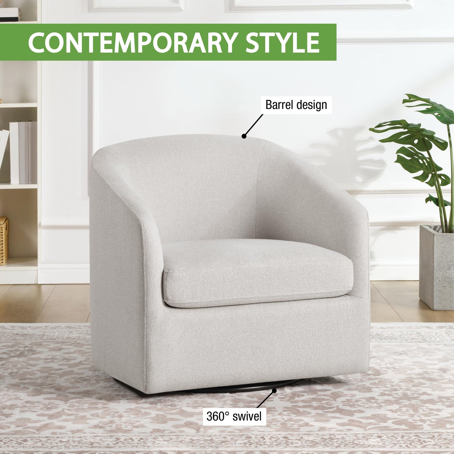OSP Home Furnishings Parker Upholstered Swivel Tub Accent Chair, Cream Fabric