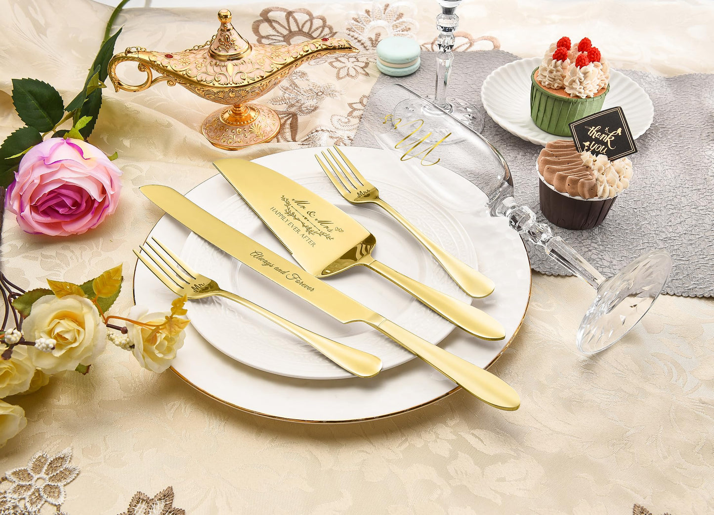 BEKESIN Wedding Cake Cutting Set with Forks, Classical Style Crystal Champagne Flutes Toasting Glasses for Bride and Groom, Wedding Gifts for Couples, Engagement and Bridal Shower Gifts