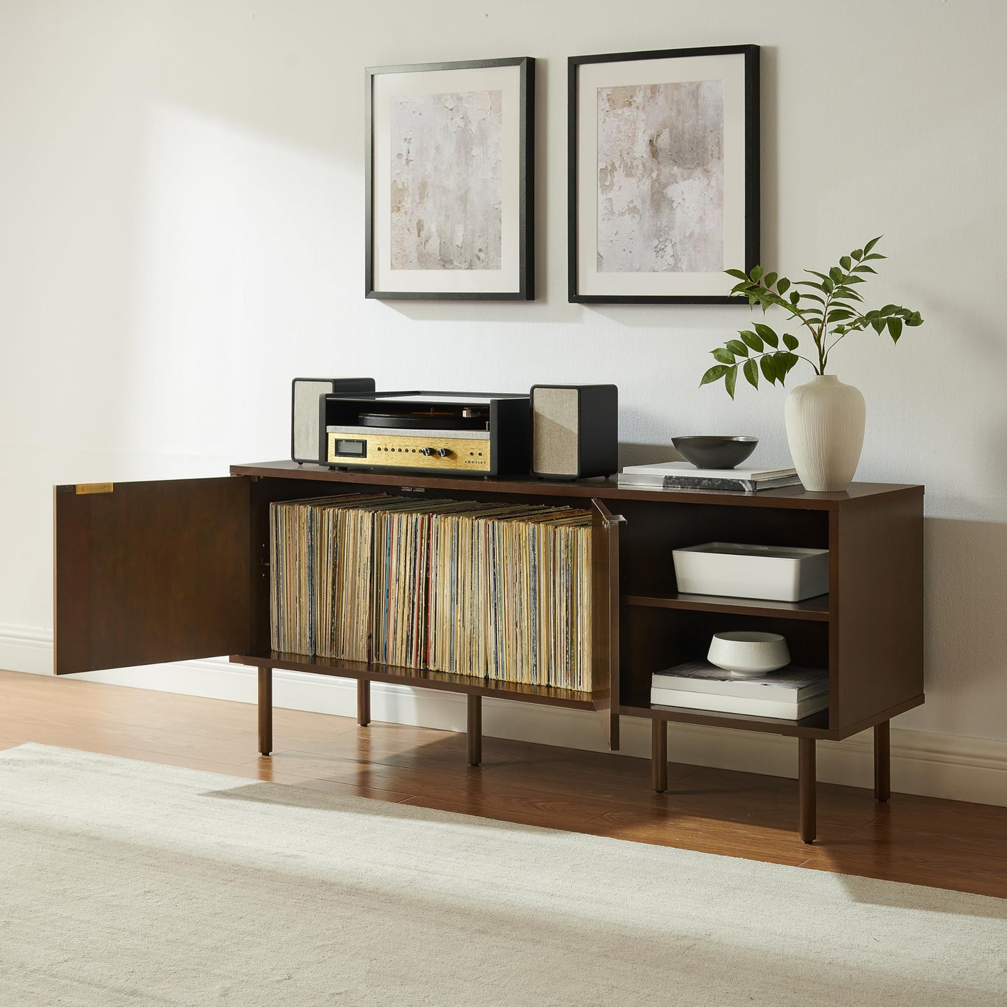 Crosley Furniture Brody Vinyl Record Storage Sideboard, Modern Media Console and Cabinet with Shelves, Brown