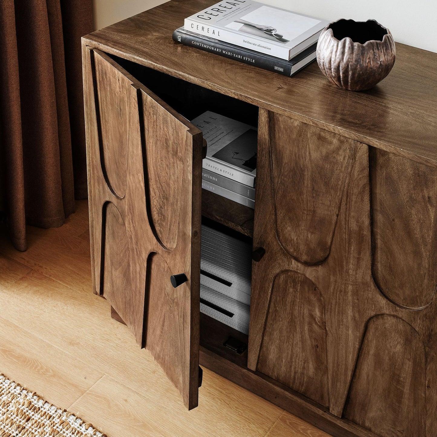 Modway Veda 72 Inch Mango Wood Sideboard Storage Cabinet in Walnut - Mid-Century Modern Buffet Credenza with 4 Doors