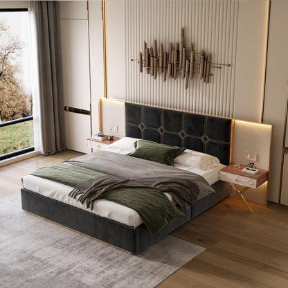 KEIKI King Bed Frame with Lights and Nightstands, Velvet Upholstered Platform Bed with Metal & Wood Frame, Built-in LED and Floating Bedside Tables, No Box Spring Needed, Black