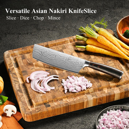 Sunnecko Japanese Nakiri Knife 7 Inch - 15° Edge Carbon Steel Chef Knife Full Tang Forged Blade Vegetable Cleaver with Sheath, Kitchen Gift for Home Cooks & Pros, Father's Day Box