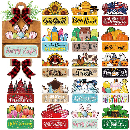 GlikCeil 37 Pcs Interchangeable Seasonal Decor Farmhouse Breadboard Interchangeable Seasonal Tier Tray Decor Holiday Halloween Thanksgiving Christmas Wooden Decoration with Bow for Table Kitchen