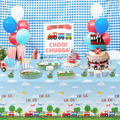 APOWBLS 2nd 24 Chugga Chugga Two Two Birthday Party Supplies, Paper Plate, Cup, Napkin, Disposable Cutlery, Tablecloth