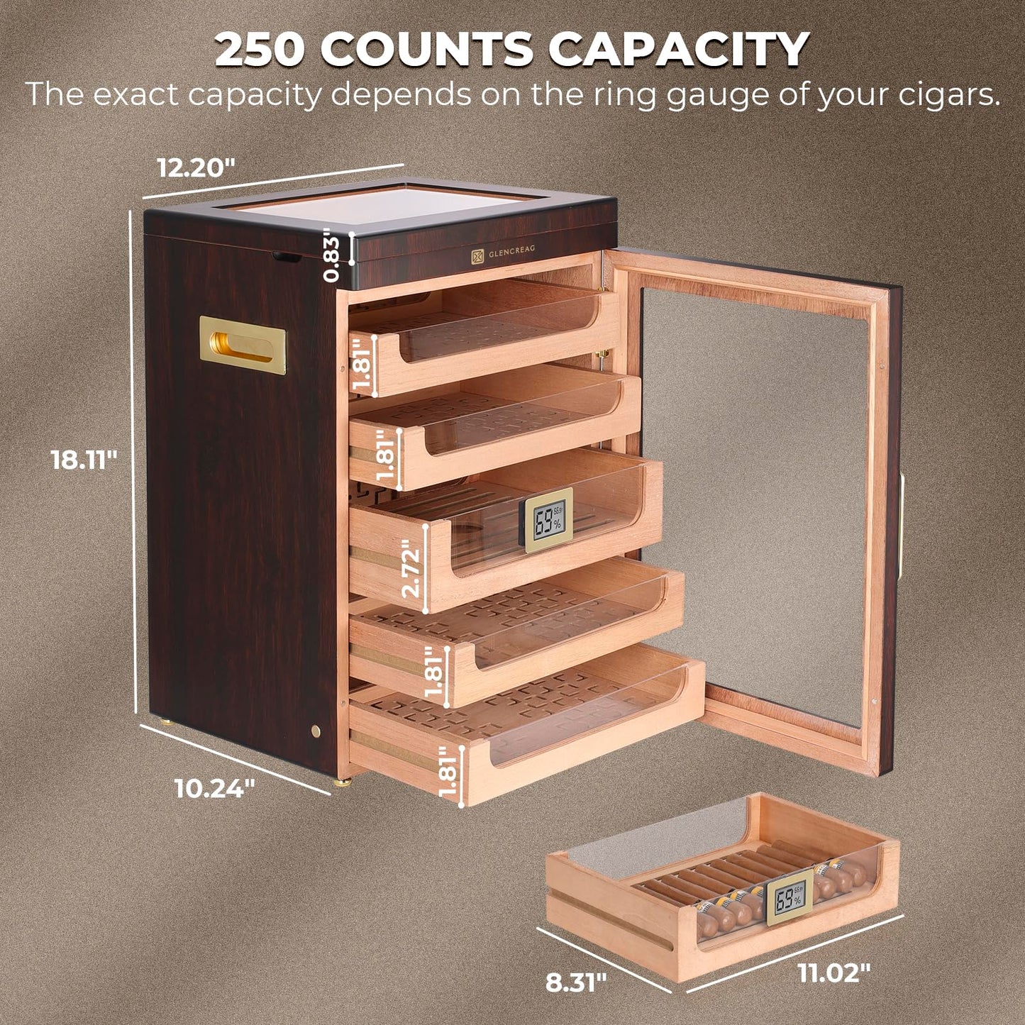 GLENCREAG M26FM-T Cigar Humidor Cabinet for 250 Cigars – Spanish Cedar Lining, Digital Hygrometer, Magnetic Seal, 5 Drawers & Transparent Top Storage– Gift for Cigar Aficionados