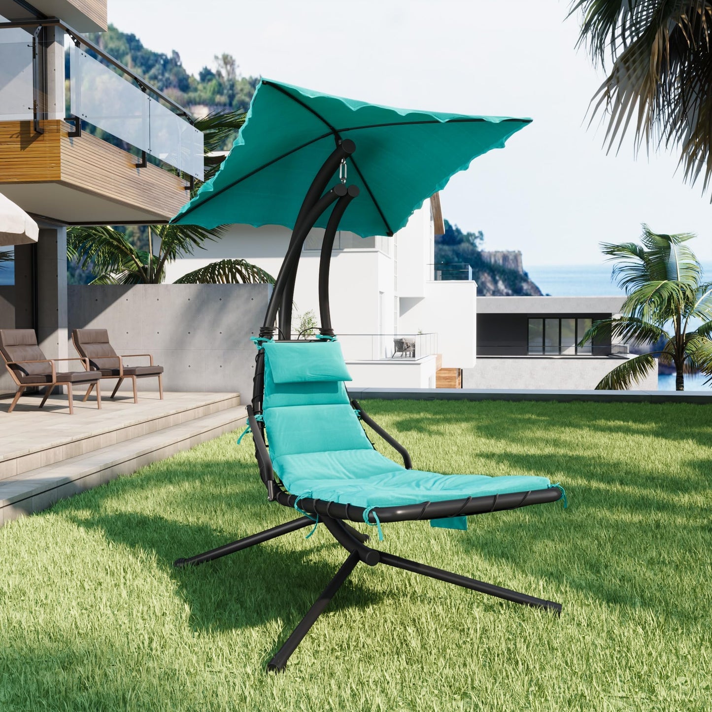 GarveeLife Chaise Lounger Swing Chair with Umbrella Canopy, Patio Hanging Chaise Lounger Chair with Stand, Curved Steel Outdoor Lounge Chairs for Indoor Patio Pool Garden Backyard Porch
