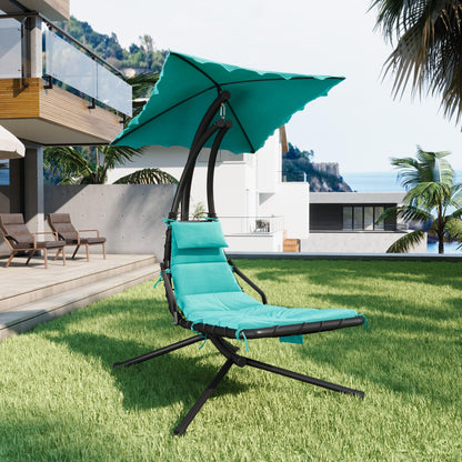 GarveeLife Chaise Lounger Swing Chair with Umbrella Canopy, Patio Hanging Chaise Lounger Chair with Stand, Curved Steel Outdoor Lounge Chairs for Indoor Patio Pool Garden Backyard Porch