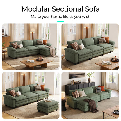 LINSY HOME 123'' Modular Sectional Sofa Green Couch Corduroy Cloud Couches for Living Room, L Shaped Couch with Movable Ottoman, Modern Cloud Sectional Sofas for Bedroom and Apartment, Green