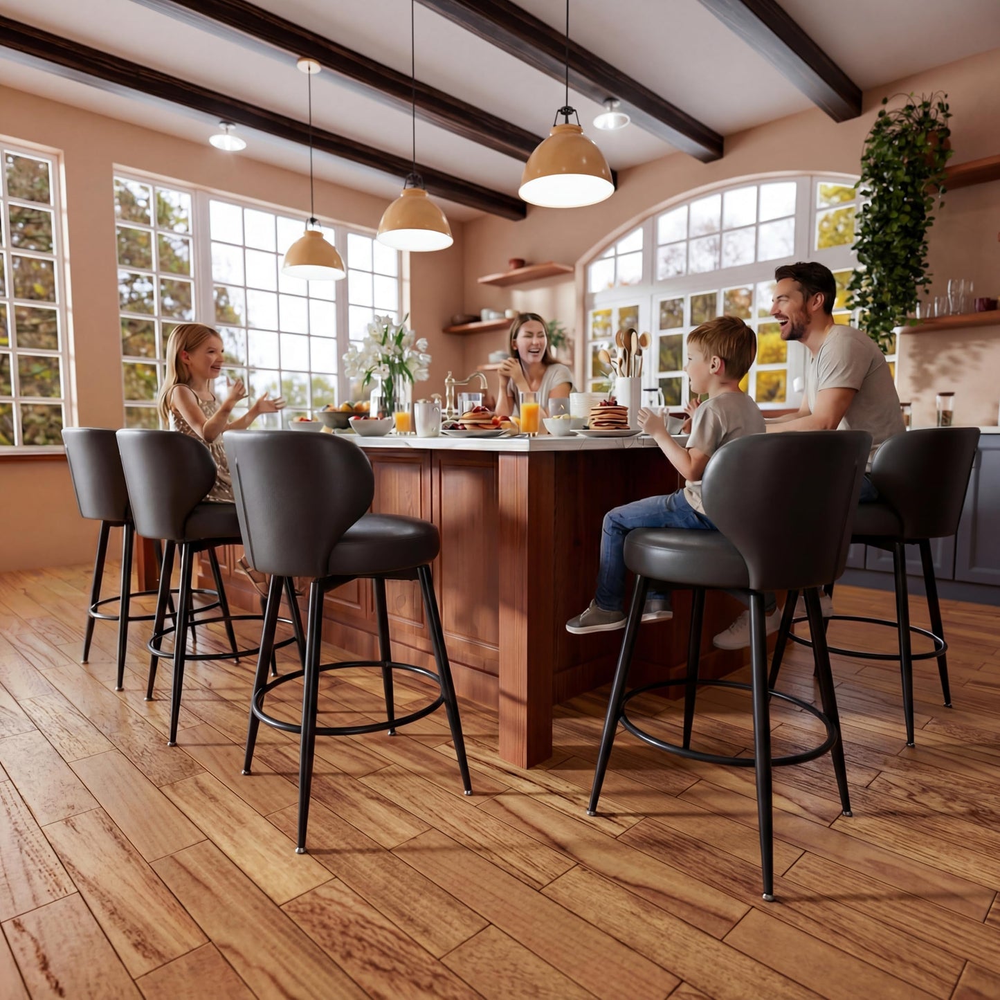 Sucrever Bar Stools Set of 4, 26" Counter Height Swivel Bar Stools, Upholstered Leather Barstools with Back Footrest Metal Legs, Stools for Kitchen Island, Home Bar, Dining Room Black