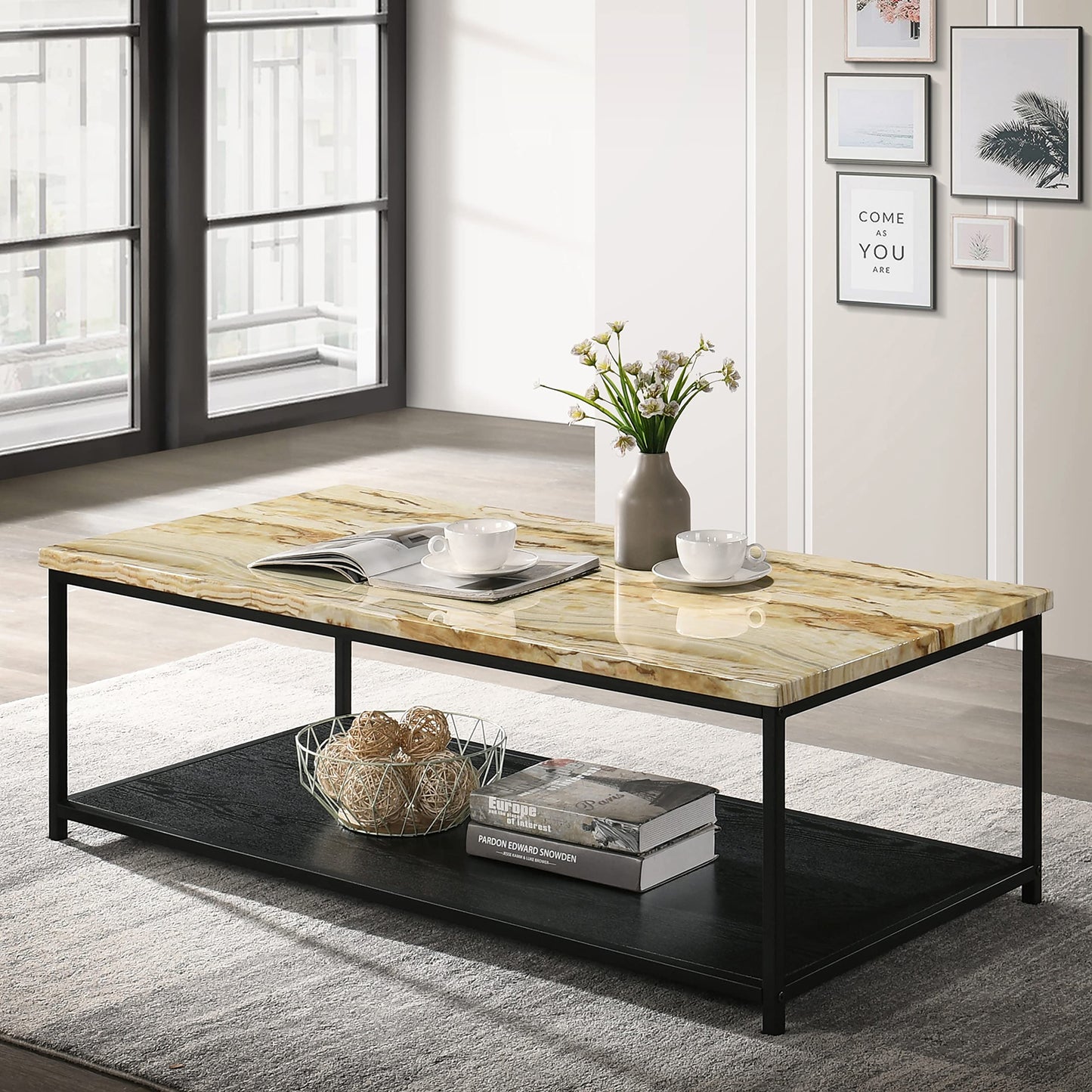 HOMES: Inside + Out Leneghan Modern 1-Shelf Metal 48 in. Storage Coffee Table for ‎Living Room, ‎Yellow