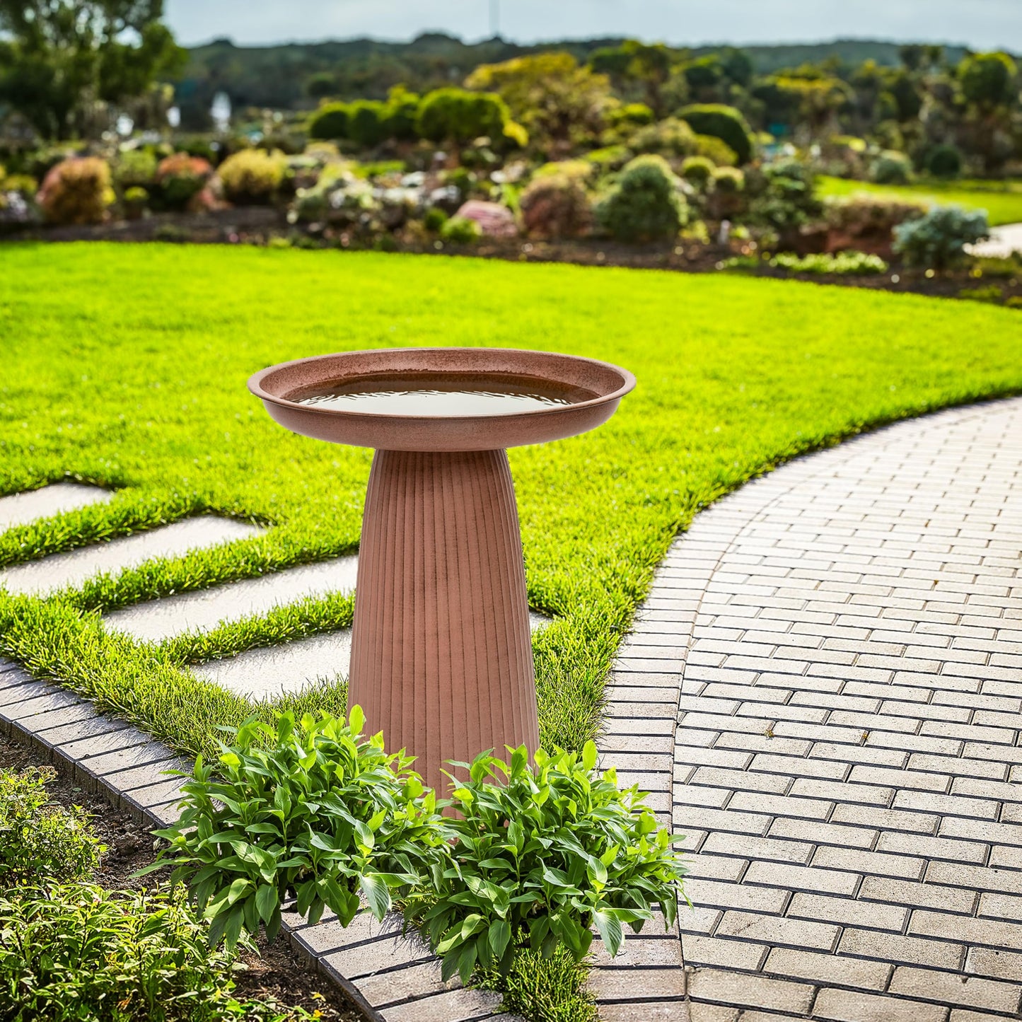 Sunnydaze Gleeful Garden 23" Iron Pedestal Bird Bath for Outside - Modern Shallow Basin Birdbath for Outdoors with UV-Protected Rust-Resistant Finish for Patio, Garden, Yard Decor - Matte Canyon Clay