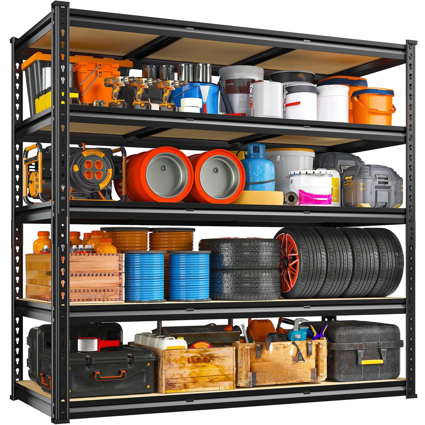 REIBII 48" W Garage Shelving 3020LBS Storage Shelves 5 Tier Industrial Shelving Adjustable Metal Storage Shelves for Garage, Basement, Warehouse, Commercial, Easy Assemble, 48" W x 72" H x 24" D, 2PC