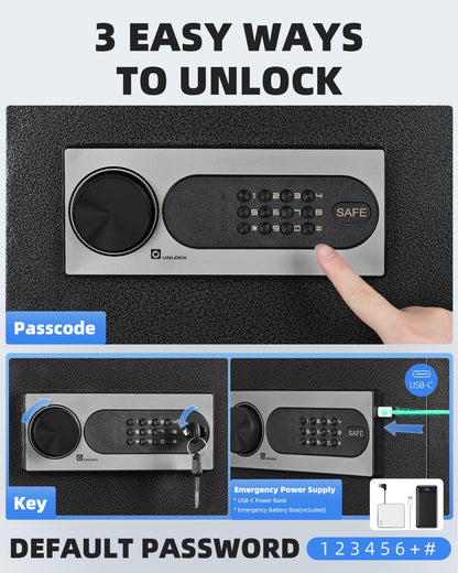 DAYI Safe Box, 2.0 Cubic Feet Home Safe with Fireproof Waterproof Bag, Security Safe Box for Money Cash Valuables, Digital Electronic Keypad, Dual Alarm System, Removable Shelf - D-45