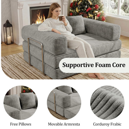 BSHOMGI Folding Sofa Bed, 4 in 1 Convertible Sofas to Lounger Comfy Floor Portable Foldable Sleeper Lazy Futon Couch Chair for Bedroom, Living Room (Light Gray, 53.15" Double Sofa)
