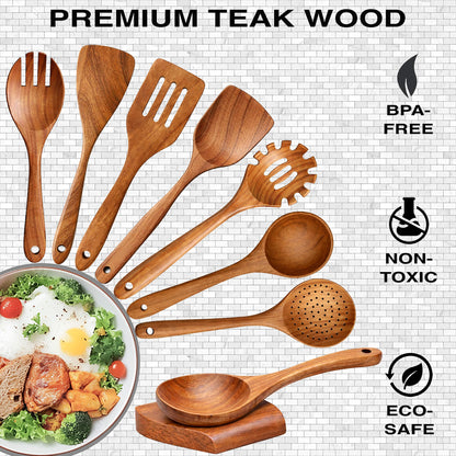 9-Piece Teak Wooden Utensil Set – Wooden Spoons for Cooking with Spoon Rest, Wooden Spatula, and Non Toxic Cooking Utensils – Premium Kitchen Utensils Set for Daily Use