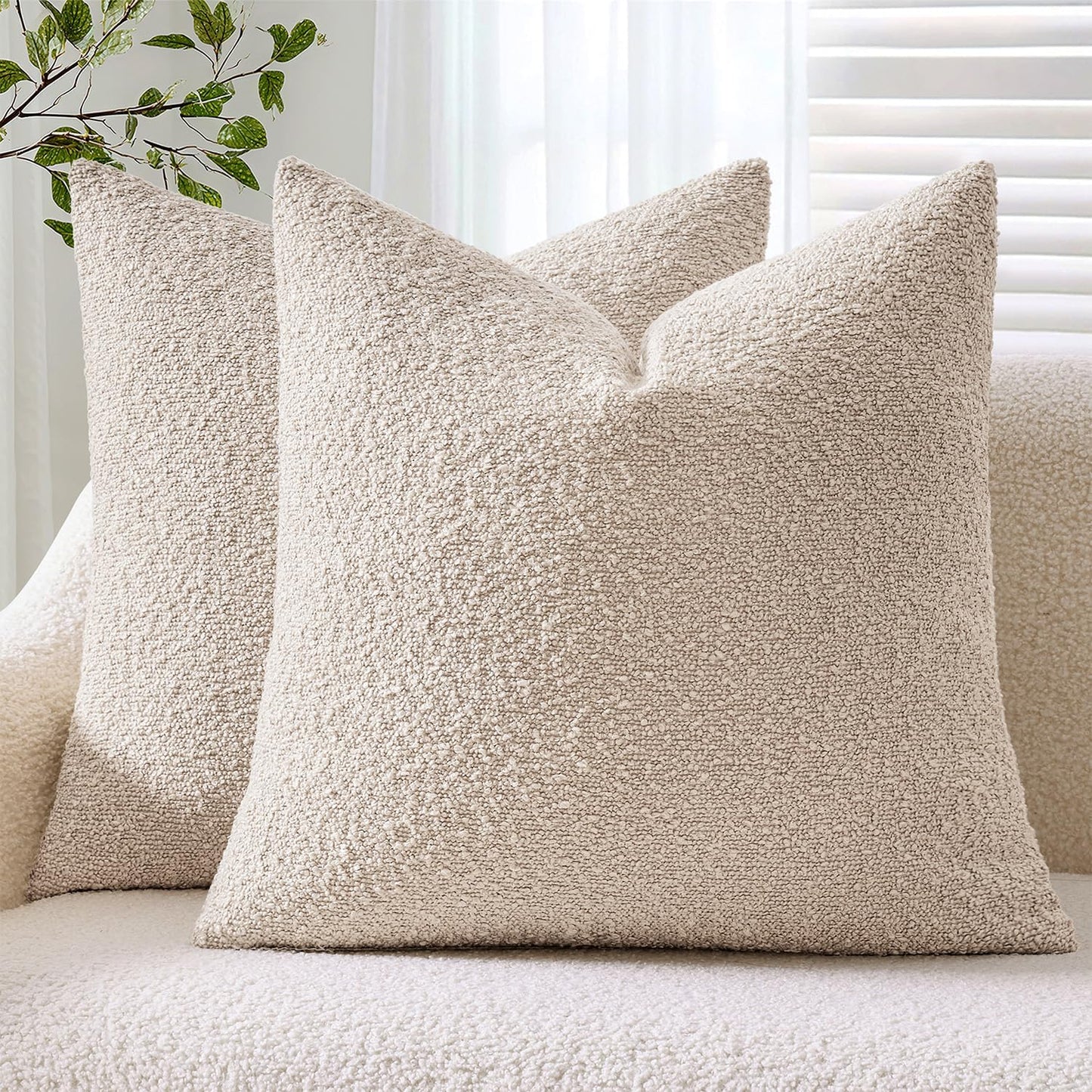 Pack 2 Cozy 18 18 Inch ANRODUO of Textured Boucle Throw Pillow Covers Soft Oatmeal Decorative Accent Solid Pillow Cases