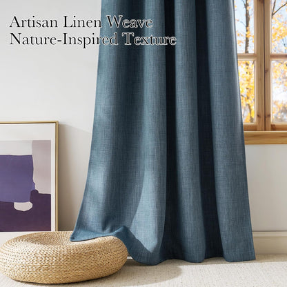 NICETOWN Faux Linen Blackout Curtains - Mist Blue, 63-Inch Grommet Top Privacy Panels, 2-Pack for Modern Farmhouse Style
