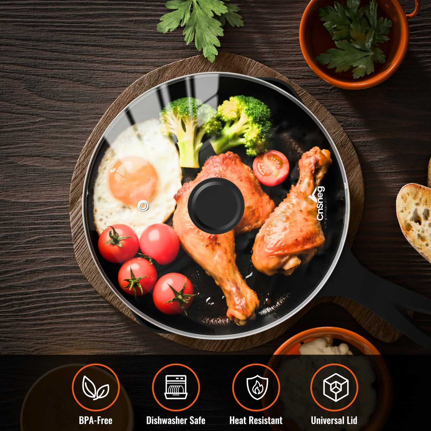CnSneg 8 Inch Pan Lid For Pots Pans and Skillets, Cast Iron Skillet Lid, Tempered Glass Pan Lids Replacement, Pot Covers for Cooking, Wok, Crock Pot Lid with Stainless Steel Rim, Frying Pot Lids Only