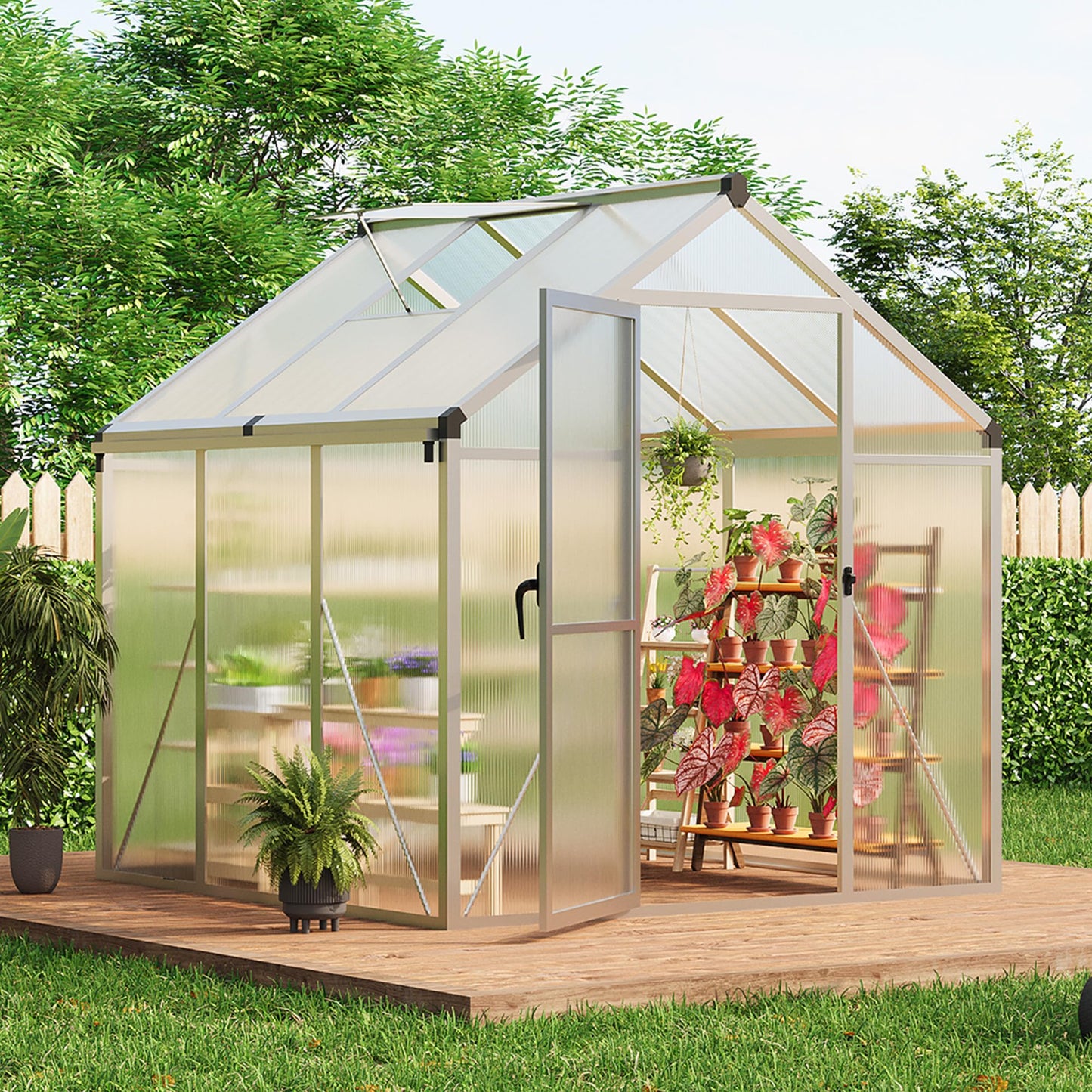 6×6 FT Greenhouse, Large Walk in Greenhouses for Outdoors and Garden Planting, Polycarbonate Greenhouse with Enhanced Aluminum Frame, Green Houses with Quick Setup Structure and Roof Vent, Silver