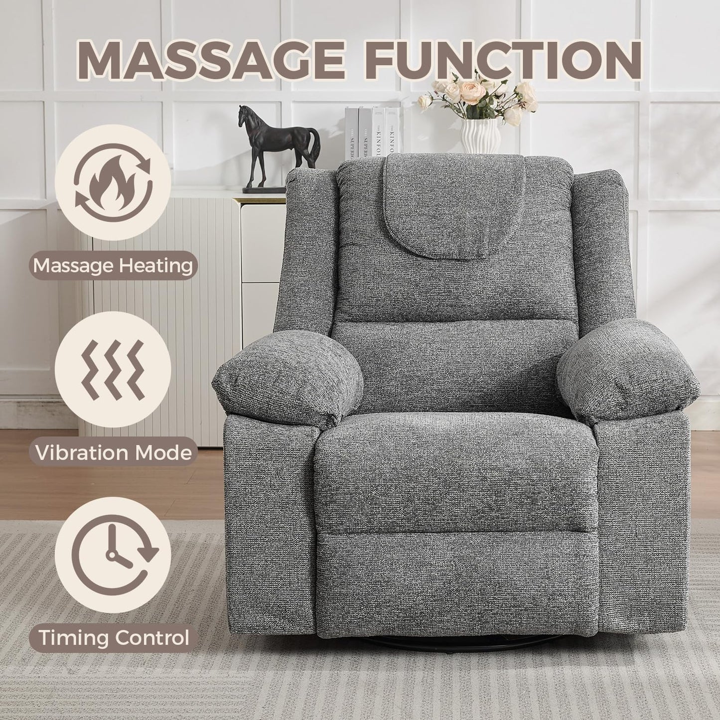 Adults Oversized Rocking Nursery Glider Recliner Chair,360° Swivel Rock Recliner Chairs Single Sofa with Vibration Massage and Heating for Living Room/Bedroom,Grey