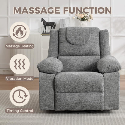 Adults Oversized Rocking Nursery Glider Recliner Chair,360° Swivel Rock Recliner Chairs Single Sofa with Vibration Massage and Heating for Living Room/Bedroom,Grey