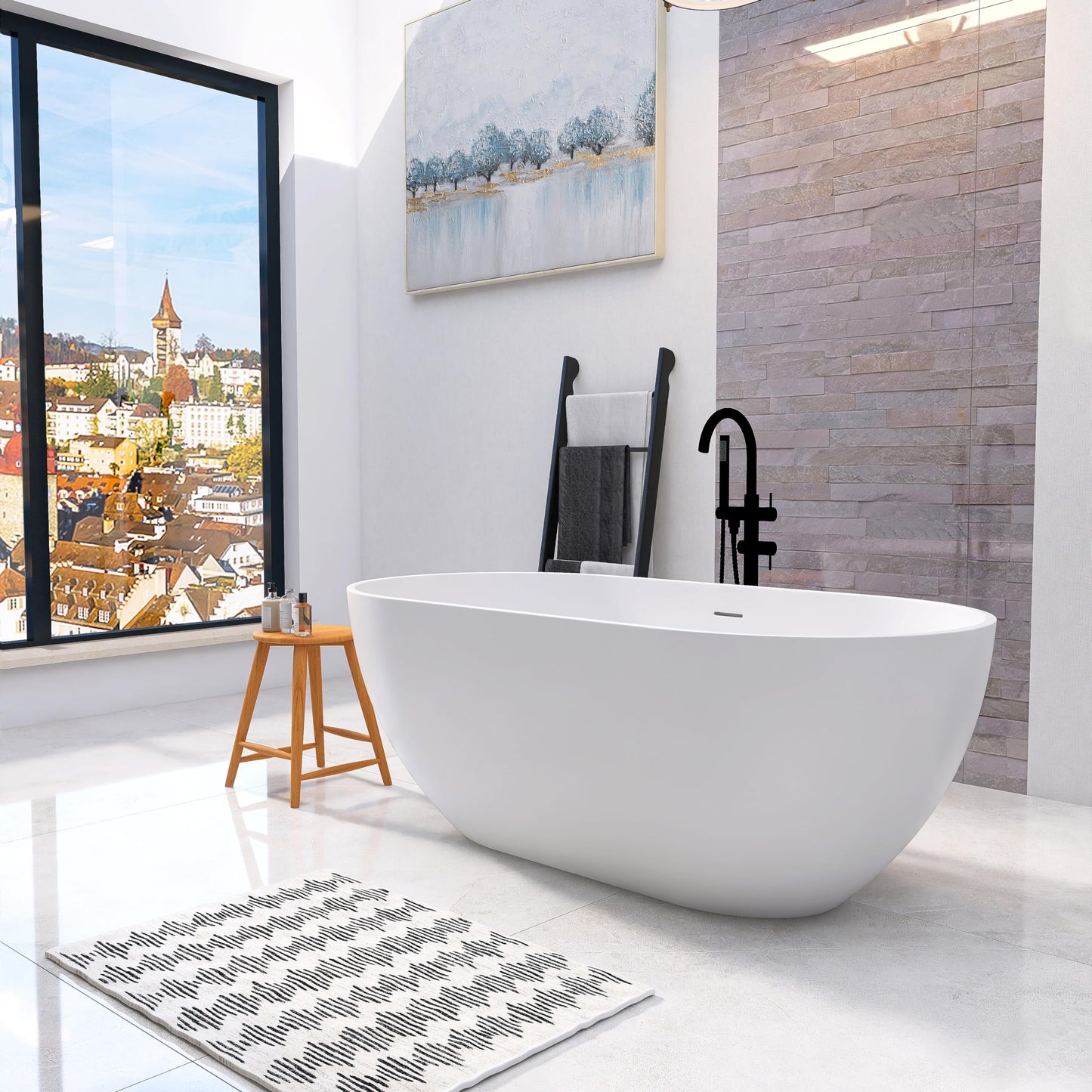 MEDUNJESS 59'' Freestanding Tubs Bathtub Bathroom Solid Surface Resin Stone Bathtubs soaker Tubs Oval Shaped Matte Luxury Modern Soaking Tub with Overflow and Pop-up Drain - White