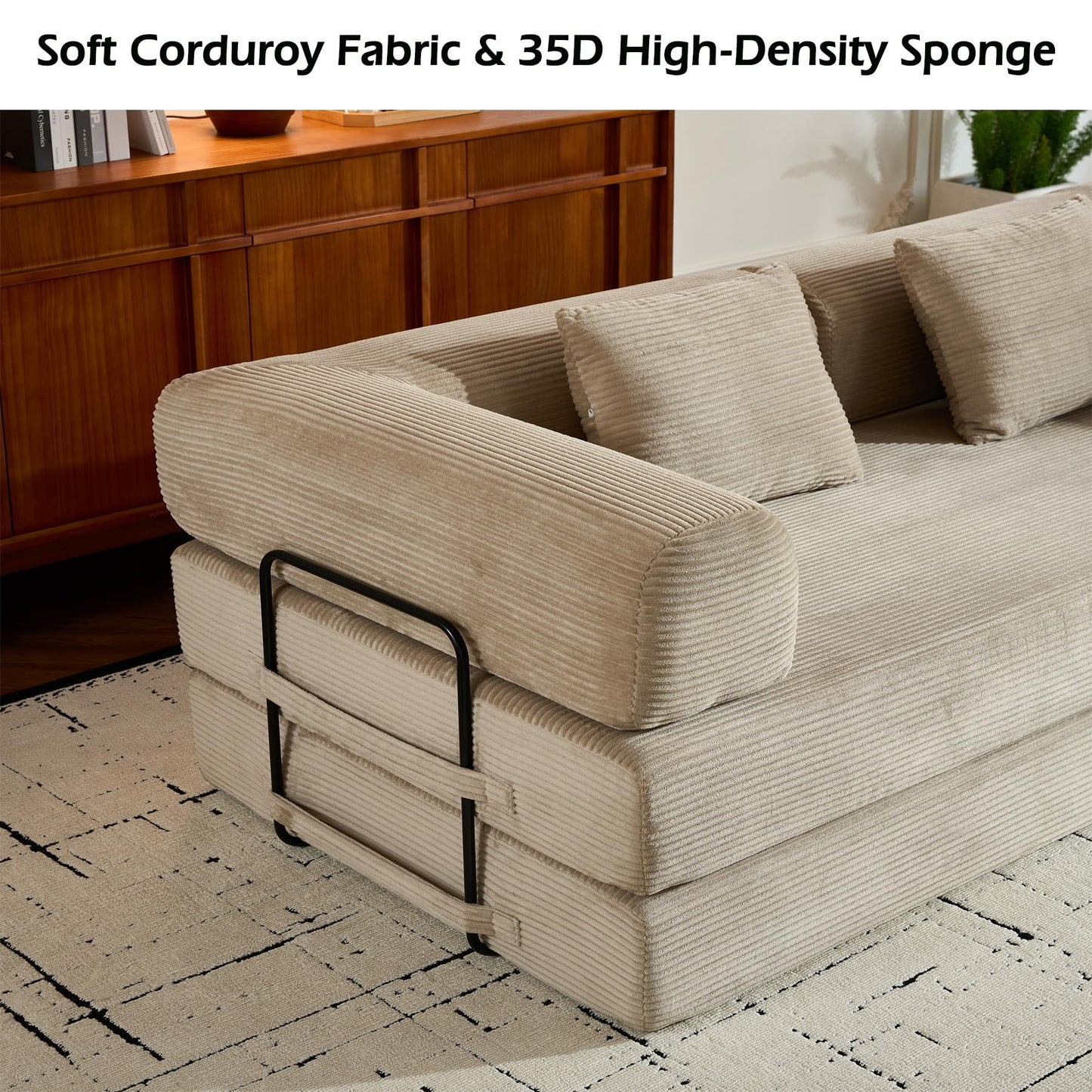 KEIKI Convertible Sleeper Sofa Bed with Cylindrical Pillow, Corduroy Folding Mattress Couch with Sturdy Frame, 4-in-1 Floor Sofa Lounge Sleeper Bed for Living Room Bedroom, Beige