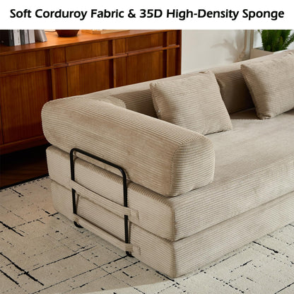 KEIKI Convertible Sleeper Sofa Bed with Cylindrical Pillow, Corduroy Folding Mattress Couch with Sturdy Frame, 4-in-1 Floor Sofa Lounge Sleeper Bed for Living Room Bedroom, Beige