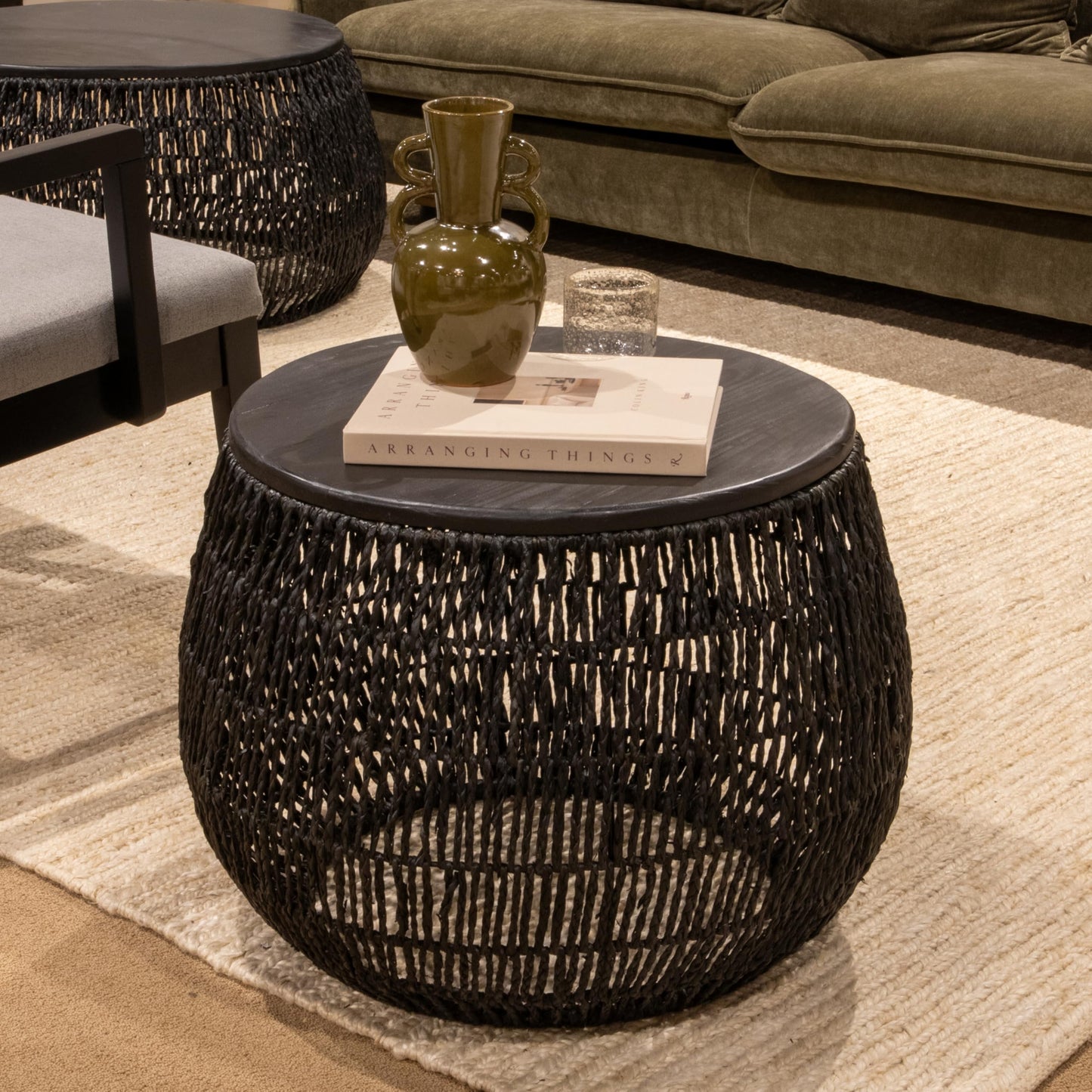 Bloomingville Hand-Woven Seagrass and Pine Wood Round Side Table, Black