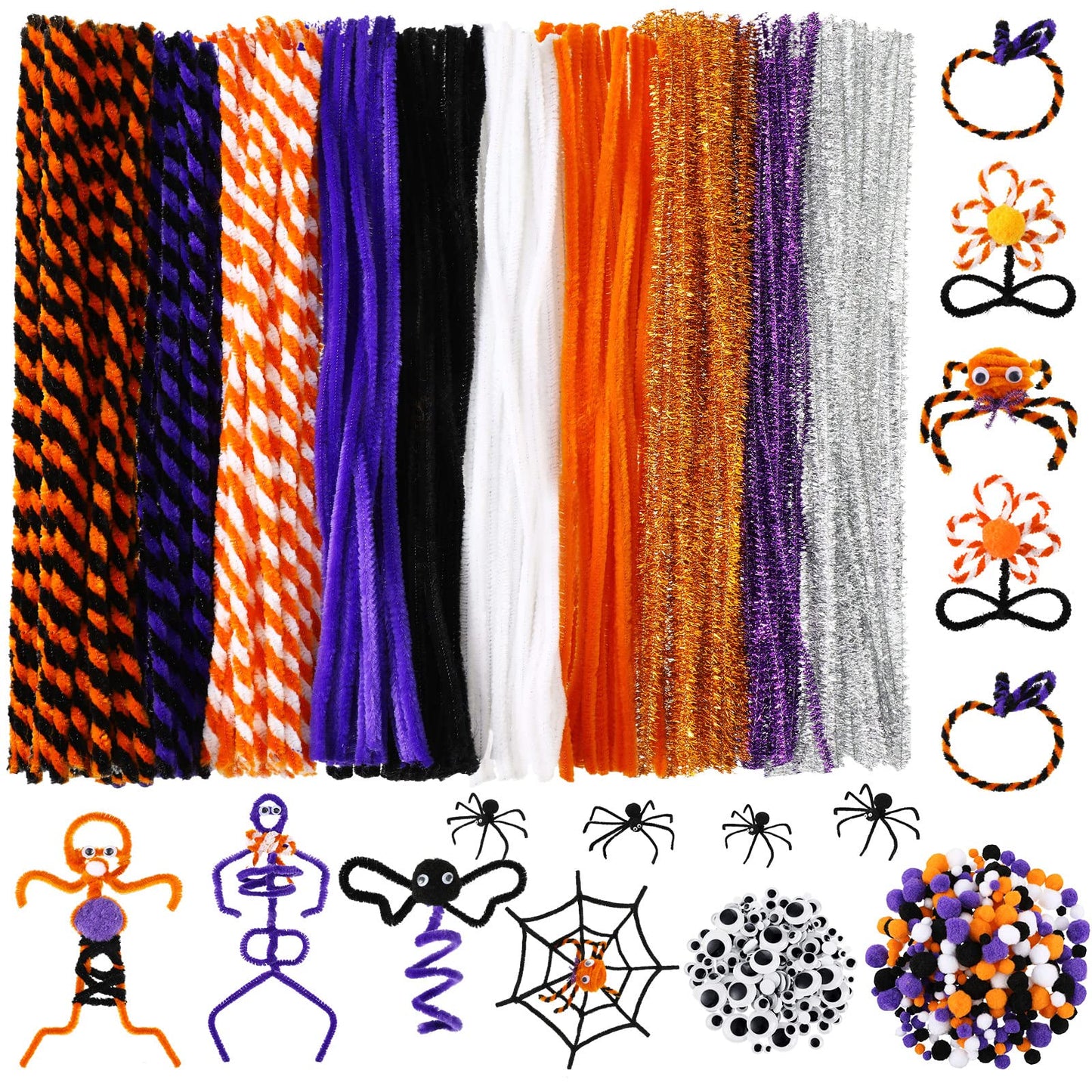 800 Pcs Halloween Pipe Cleaners Sets Include 200 Pack 10 Colors Chenille Stems 200 Pack 5 Sizes Self Adhesive Wiggle Googly Eyes 400 Pcs 4 Sizes Art and Crafts Pompoms for DIY Making