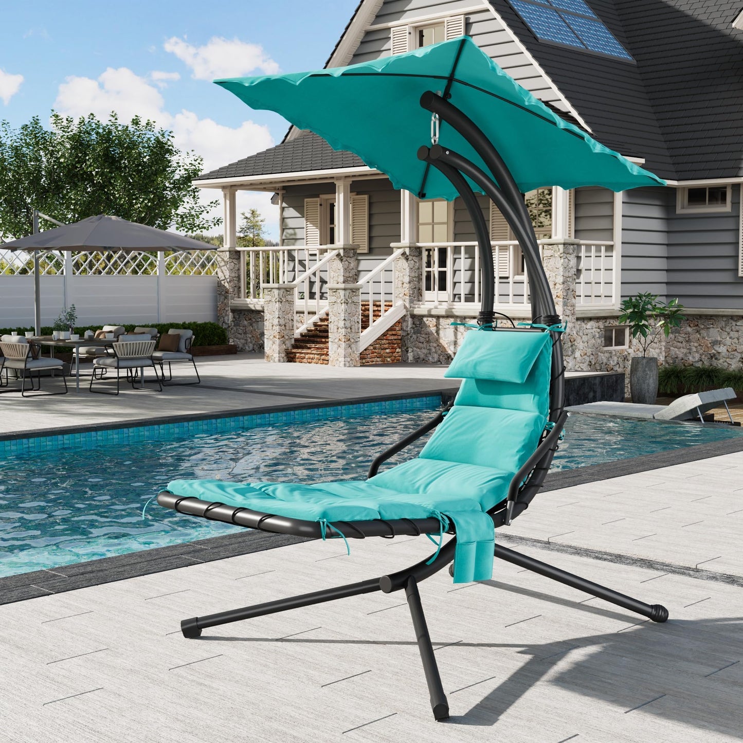 GarveeLife Chaise Lounger Swing Chair with Umbrella Canopy, Patio Hanging Chaise Lounger Chair with Stand, Curved Steel Outdoor Lounge Chairs for Indoor Patio Pool Garden Backyard Porch