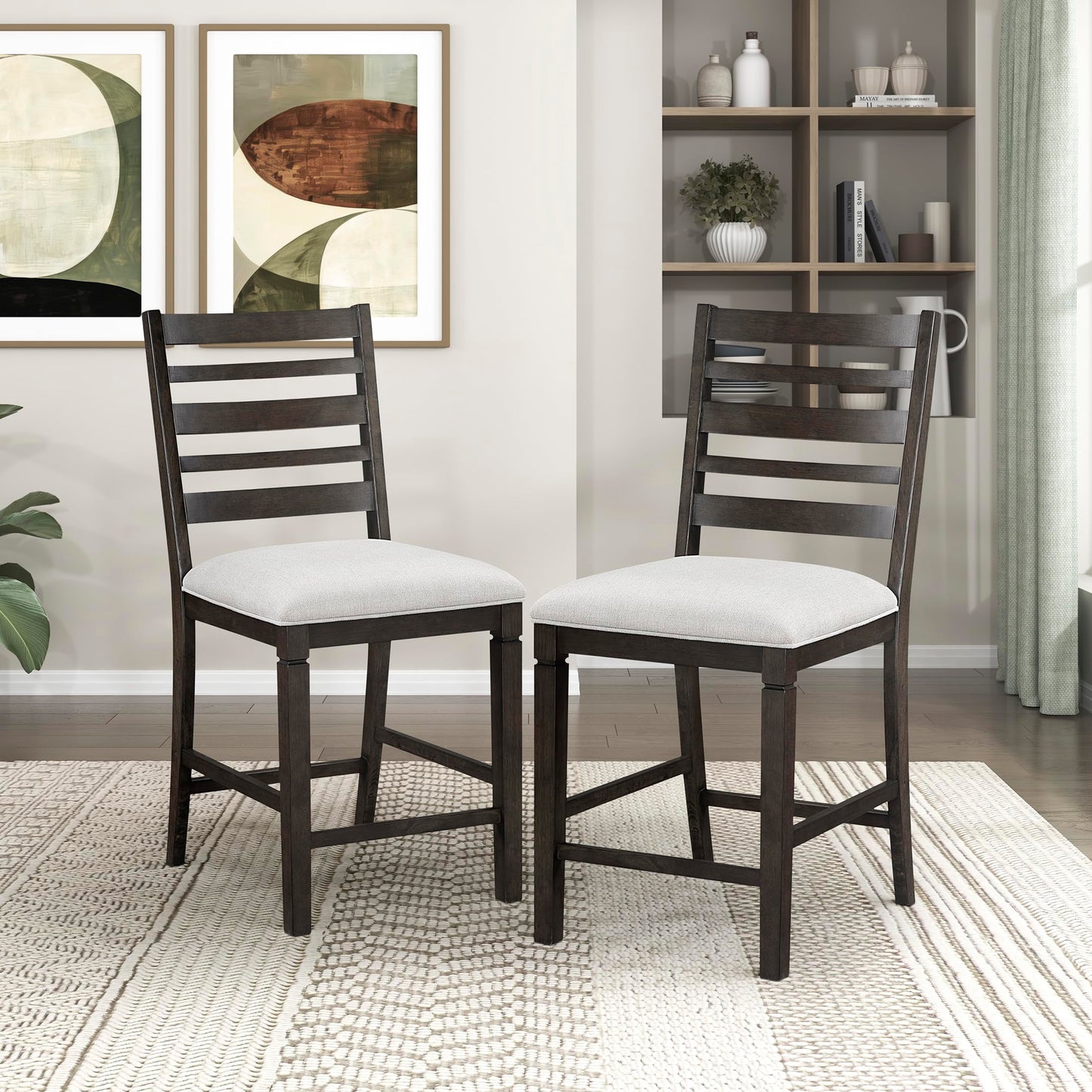 Lexicon Counter Height Chairs, Set of 2, Wood Frame, Ladder Back, Beige Textured Fabric Upholstered Dining Chairs with 25.5 Inches Seat Height, Bar Stools for Kitchen/Dining Room, Dark Espresso