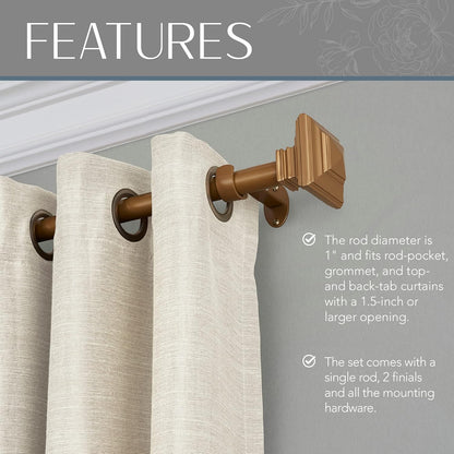 Elrene Home Fashions Florence Single Curtain Rod with Stacked Square Finials, 1" Diameter, Soft Gold, 28X48