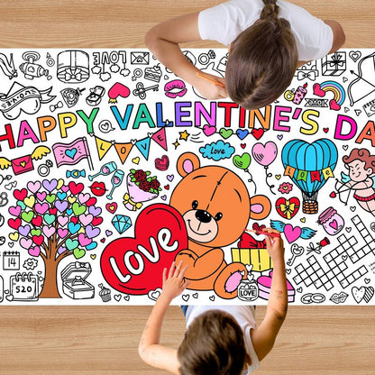 EUVBOKW Giant Valentine's Day Coloring Tablecloth, Large Happy Valentine Coloring Poster for Home Birthday Party Supplies, 30x72 Inches