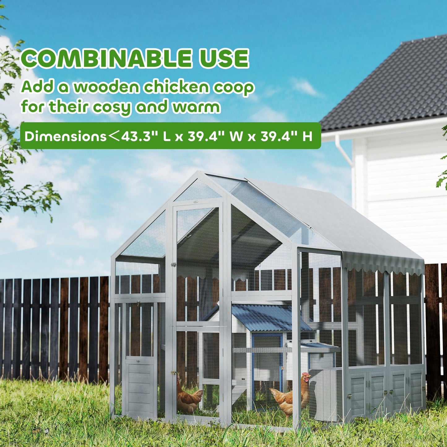 PawHut Large Wooden Chicken Coop for 6-8 Hens, Walk-in Chicken Run with Waterproof Cover, Nesting Boxes and Perches, Outdoor Poultry Cage Rabbit Hutch for Backyard, 66" x 72" x 72", Gray