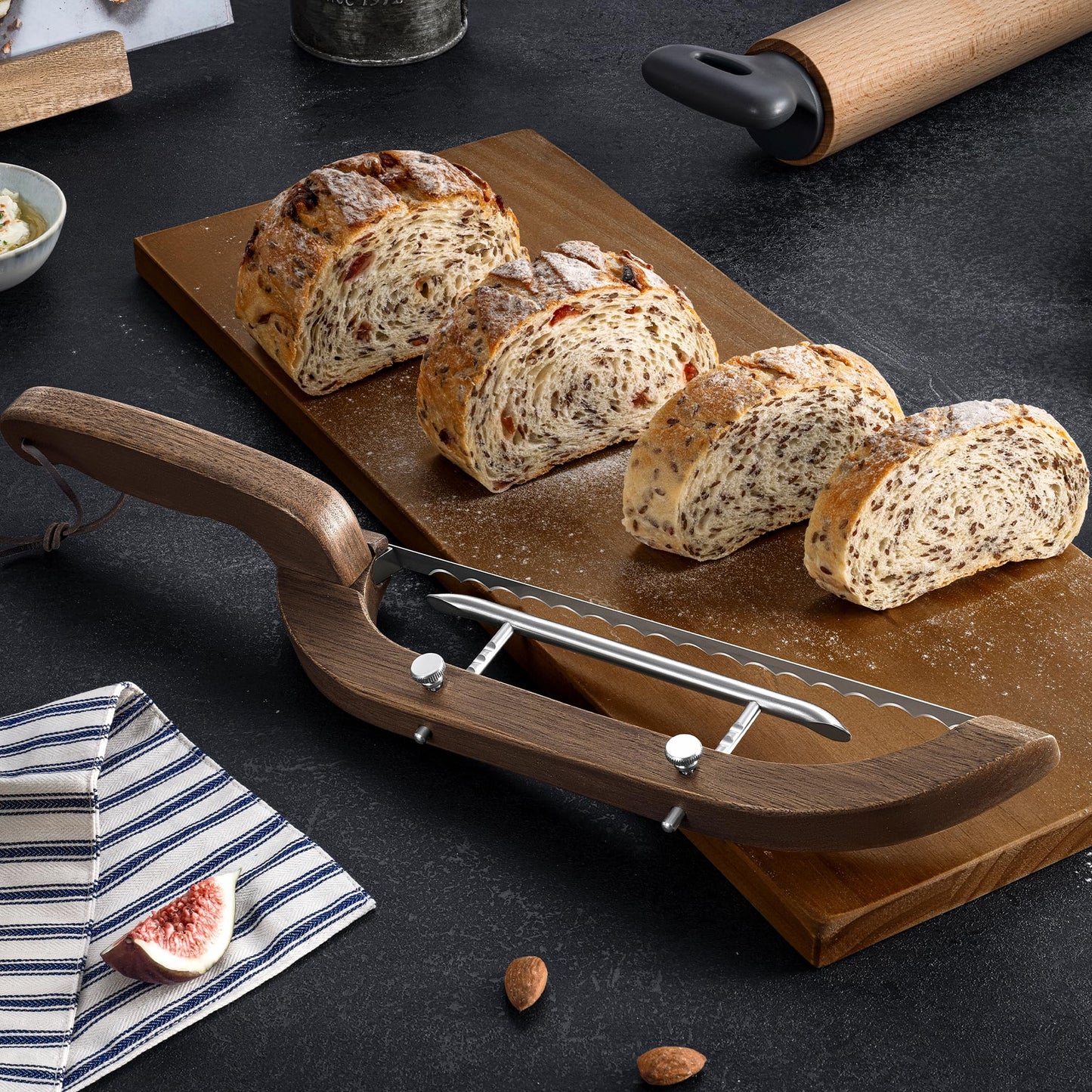 Adjustable Bread Bow Knife for Perfect Slices, Premium Wooden Frame, Tool-Free Blade Replacement, Multi-Thickness Cutter for Homemade Bread, Sourdough, Bagels, Loaves - Australian Mountain Ash