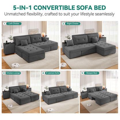 DWVO Queen Size Sofa Bed, 5-in-1 Multi-functional Convertible Sleeper Sofa with 2 Storage Cabinet Nightstand & USB Ports, 100" Sectional Sofa Couch with 2 Comfy Pillows for Living Room Apartment, Grey