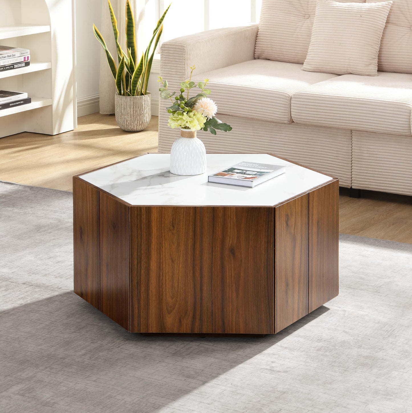 Merax Rustic Retro Coffee Table with 2 Hidden Drawers, Hexagonal Wooden Living Room Table with Textured White Marble Tops, Walunt Oak Finish